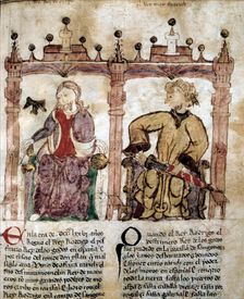 Don Rodrigo, last Visigothic King (671 -711), Tariq, Chief Berber, miniature of the Book Portra…