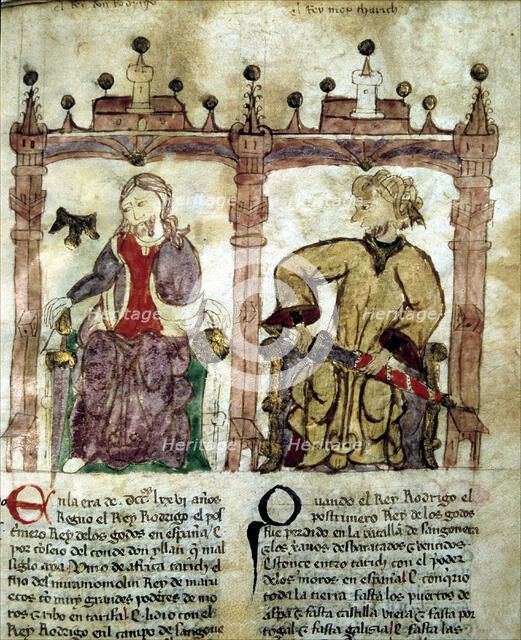 Don Rodrigo, last Visigothic King (671 -711), Tariq, Chief Berber, miniature of the  Book 'Portra…