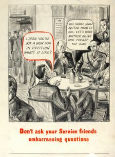 Don't ask your service friends embarrassing questions World War II poster, between 1939 and 1946. Creators: Central Office of Information, Unknown