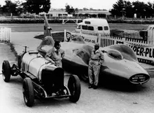 Donald Campbell with a Sunbeam 350 and Leo Villa with Bluebird, c1964