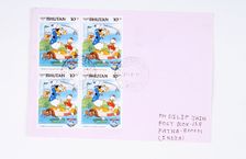 Donald Duck playing golf, postage stamps, Bhutan, 1984. Creator: Unknown