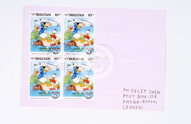 Donald Duck playing golf, postage stamps, Bhutan, 1984. Creator: Unknown.