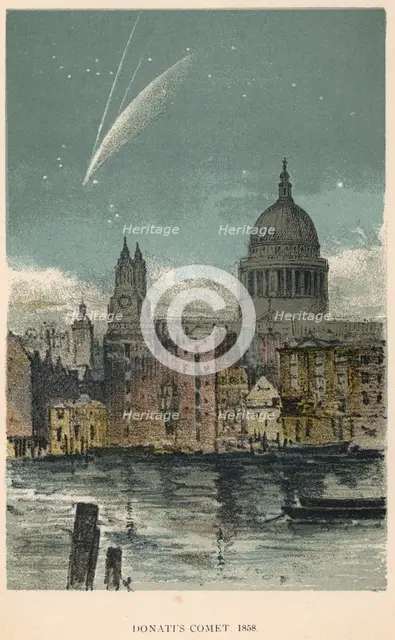 Donati's comet of 1858 viewed over St Paul's Cathedral, London, 1884. Creator: Unknown.