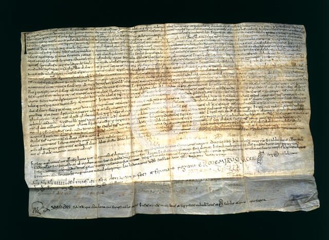 Donation of the castles Les Espases and Esparreguera to the seu of Vic, parchment document dated …
