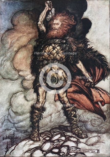 Donner, your lord, summons his hosts! Illustration for The Rhinegold and The Valkyrie by Richard W Artist: Rackham, Arthur (1867-1939)