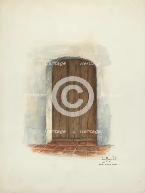 Door, Facade of Mission House, 1937. Creators: Geoffrey Holt, Harry Mann Waddell.