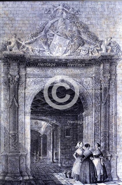 Door of the old house Gralla in Portaferrisa street in Barcelona, ??engraving by F.X. Parcerisa, …