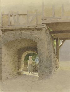 Doorway in Eppstein, through which a young woman walks, 1883. Creator: Carl Theodor Reiffenstein