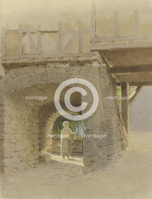 Doorway in Eppstein, through which a young woman walks, 1883. Creator: Carl Theodor Reiffenstein.