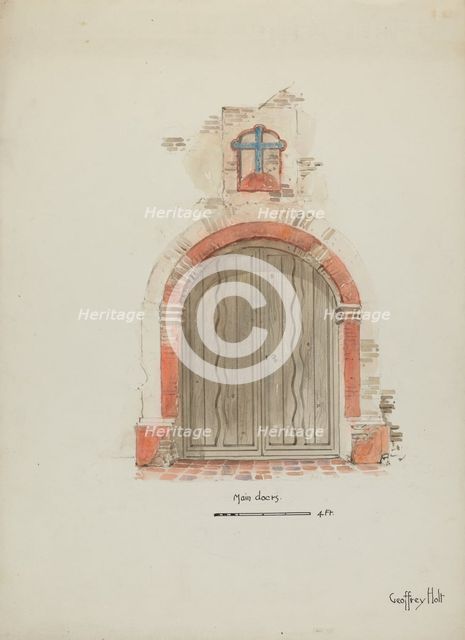 Doorway, Main Entrance to Mission, c. 1937. Creator: Geoffrey Holt.