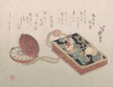Doran (Square Leather Box Used as an Inro) with a Watch as a Netsuke From the Spr..., probably 1817. Creator: Hokusen Taigaku