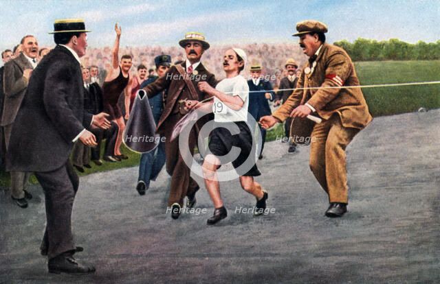 Dorando Pietri finishing the first modern Olympic marathon, London, 1908. Artist: Unknown