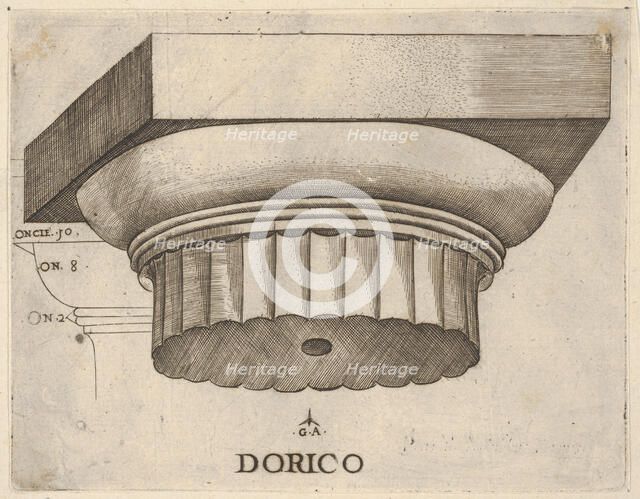 Doric capital with measurements, ca. 1537. Creator: Master GA.