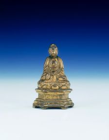 Dated gilt-bronze seated Buddha on a plinth, Hongwu period, early Ming dynasty, China, 1398