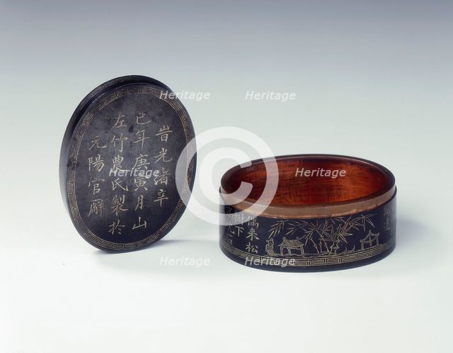 Dated Wu Tong ink box with silver inlays, Qing dynasty, China, 1881. Creator: Unknown.