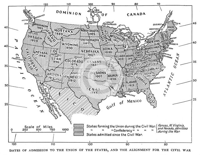 Dates of admission to the Union of the States, and the alignment for the civil war, 1933. Artist: Unknown