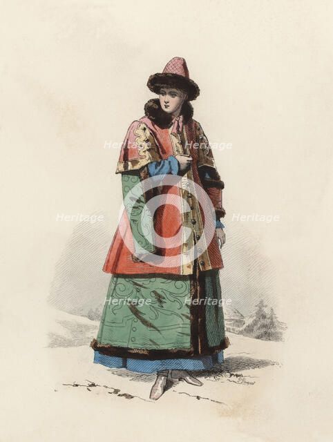 Daughter of Boyar Great Duke of Moscow in the Modern Age, color engraving 1870.