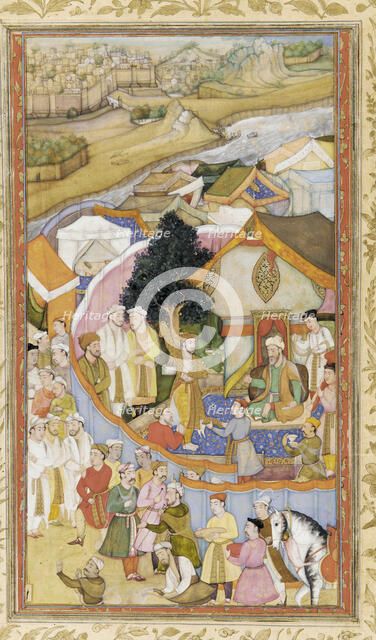 Da'ud Receives a Robe of Honor from Munim Khan (llustration from The Akbarnama), ca 1604. Artist: Hiranand (active Early 17th cen.)