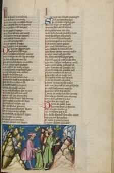 David Cutting Off a Piece of Saul's Robe; Weltchronik, about 1400-1410. Creator: Unknown