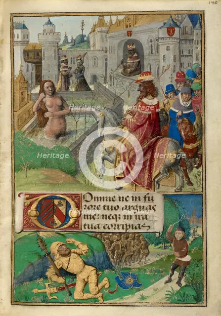 David and Bathsheba: David Slaying Goliath; Poncher Hours, about 1500. Creator: Master of Cardinal Bourbon.