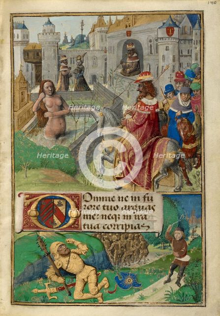 David and Bathsheba: David Slaying Goliath; Poncher Hours, about 1500. Creator: Master of Cardinal Bourbon.
