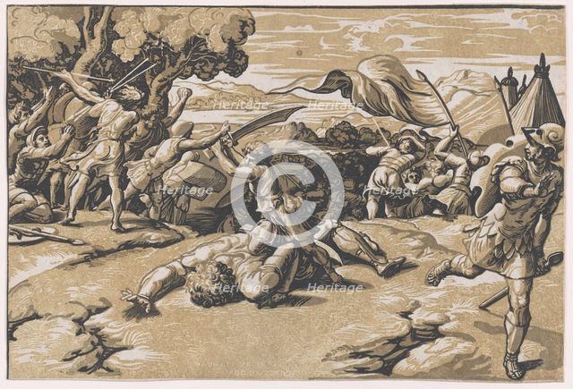 David and Goliath, ca. 1520-27. Creator: Ugo da Carpi.