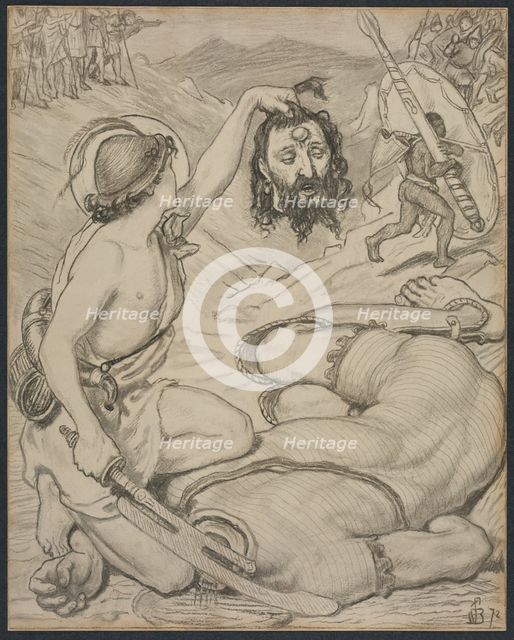 David and Goliath, Cartoon for Stained Glass Window at Jesus College, Cambridge, 1872. Creator: Ford Madox Brown (British, 1821-1893).