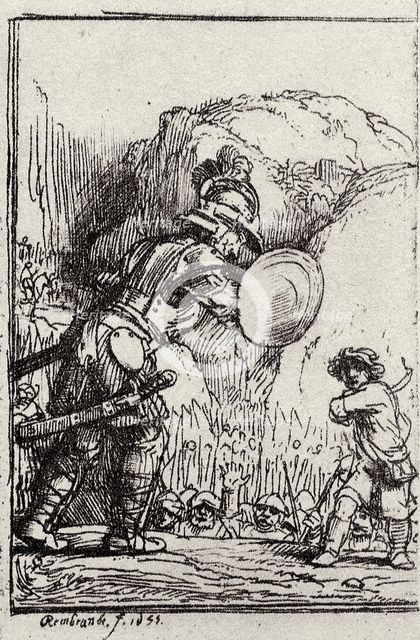 David and Goliath. Illustration for Piedra gloriosa by Menasseh ben Israel. Artist: Rembrandt van Rhijn (1606-1669)