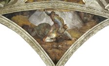 David and Goliath (Sistine Chapel ceiling in the Vatican), 1508-1512. Creator: Buonarroti, Michelangelo (1475-1564)
