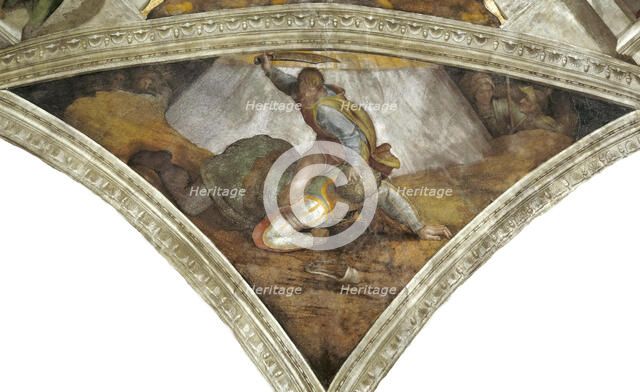 David and Goliath (Sistine Chapel ceiling in the Vatican), 1508-1512. Creator: Buonarroti, Michelangelo (1475-1564).