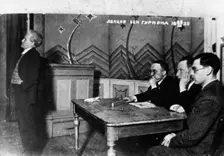 David Ben Gurion (1886-1973) bringing news from Palestine to a Zionist meeting in Lithuania, 1933. Creator: Unknown