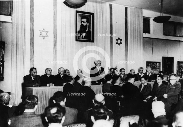 David Ben Gurion (1886-1973) proclaims the independent Jewish state, 1948. Artist: Unknown