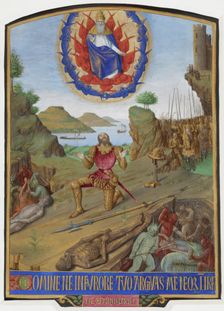 David, in armour, kneeling in penitence before the Almighty with his army, c1452-1460. Creator: Unknown