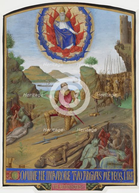 David, in armour, kneeling in penitence before the Almighty with his army, c1452-1460. Creator: Unknown.