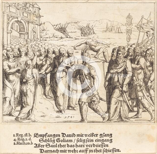 David is Welcomed after Killing Goliath, and Saul's Jealousy, 1547. Creator: Augustin Hirschvogel.
