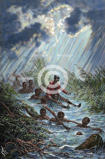 David Livingstone is carried through a swamp during his expedition to Africa in 1872.  Creator: Charles Laplante.
