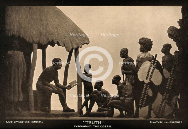 David Livingstone memorial in Blantyre; Livingstone reading the Bible..., c19th century. Creator: Unknown.