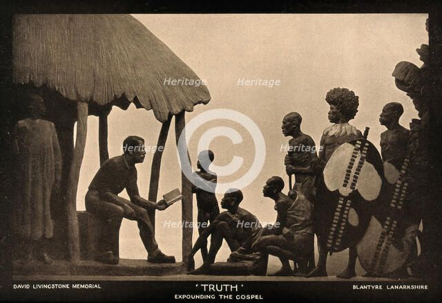 David Livingstone memorial in Blantyre; Livingstone reading the Bible..., c19th century. Creator: Unknown.