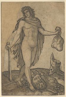 David standing, sword in lowered right hand, sack in the left, the head of Goliath on ..., ca. 1506. Creator: Marcantonio Raimondi