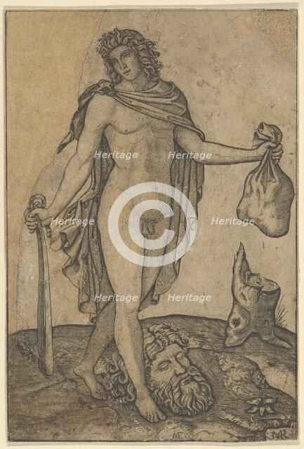 David standing, sword in lowered right hand, sack in the left, the head of Goliath on ..., ca. 1506. Creator: Marcantonio Raimondi.