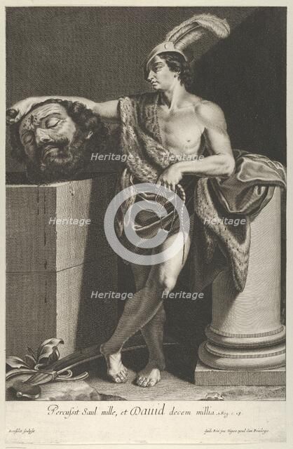 David standing with crossed legs and holding the head of Goliath on a pedestal at l..., ca. 1635-45. Creator: Gilles Rousselet.
