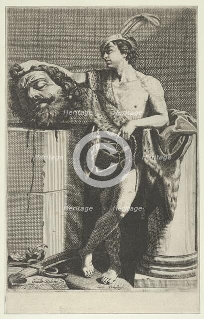 David standing with crossed legs and holding the head of Goliath on a pedestal at lef..., 1600-1700. Creator: Anon.