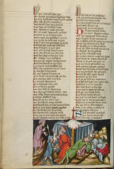 David Stealing Saul's Jug and Spear from his Tent; Weltchronik, about 1400-1410. Creator: Unknown