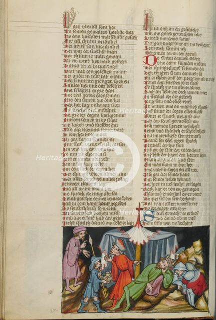 David Stealing Saul's Jug and Spear from his Tent; Weltchronik, about 1400-1410. Creator: Unknown.