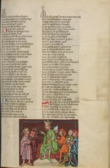 David with the Head of Goliath before Saul; Weltchronik, about 1400-1410. Creator: Unknown