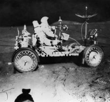 Davis Scott waiting for James Irwin during extra-vehicular activity on the Apollo 15 mission, 1971