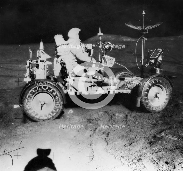 Davis Scott waiting for James Irwin during extra-vehicular activity on the Apollo 15 mission, 1971. Artist: Unknown