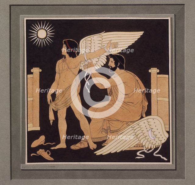 Daedalus placing a wing on Icarus, c1832. Creator: Philipp Veit.