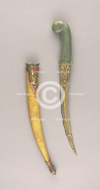 Dagger (Khanjar) with Scabbard, Dahestan, 18th/19th cent. Blade, Iranian, dated 1128 Hejira... Creator: Unknown.