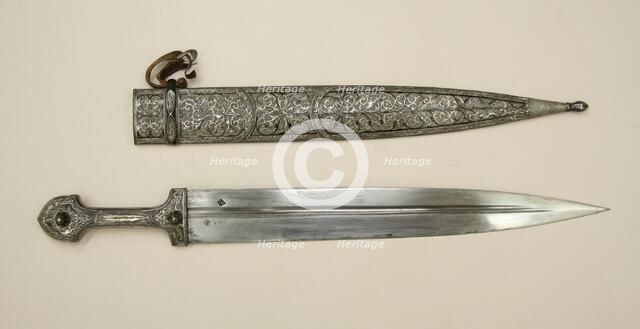 Dagger (Kindjal) with Scabbard, Caucasian, possibly Kubachi, Dagestan, dated A.H. 1234/A.D 1818-19. Creator: Unknown.
